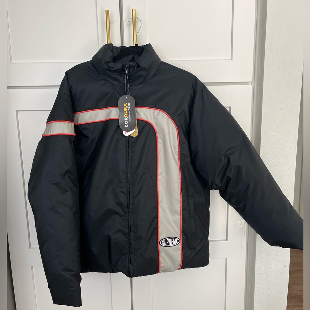 Supreme, striped puffer, jacket, men’s size medium